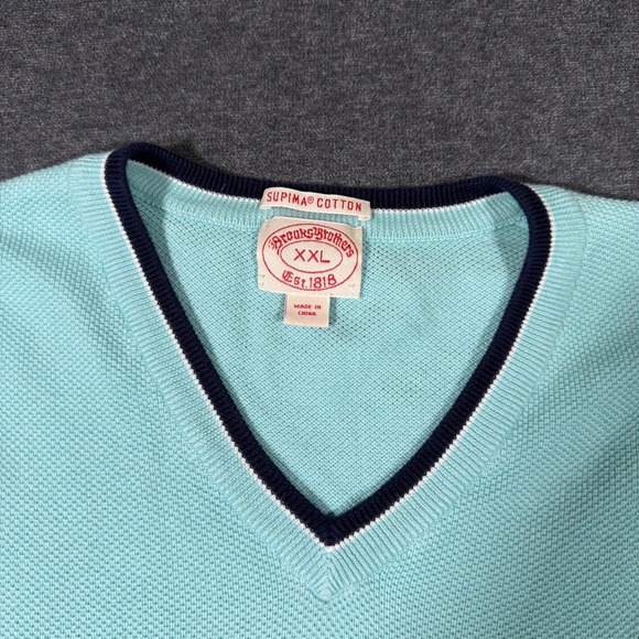 Brooks Brothers Sweater Mens XXL Light Blue Supima Cotton V-Neck Pullover Tennis - Picture 2 of 6